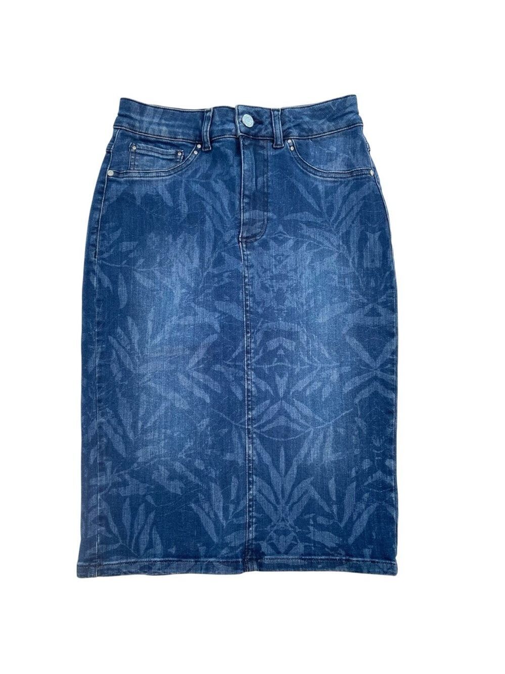 NWT Joseph Ribkoff denim pencil skirt blue shades tropical floral pattern size 2
